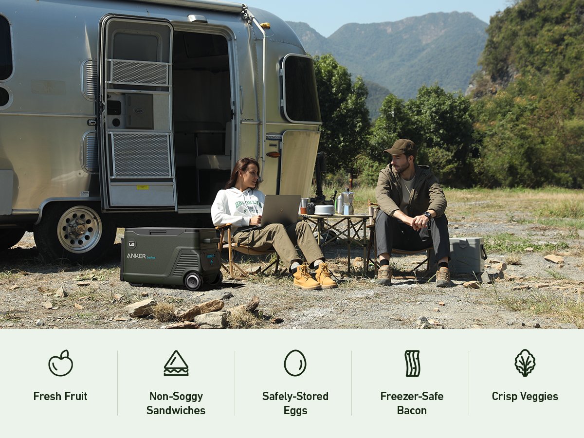 Couple camping with Anker EverFrost Cooler