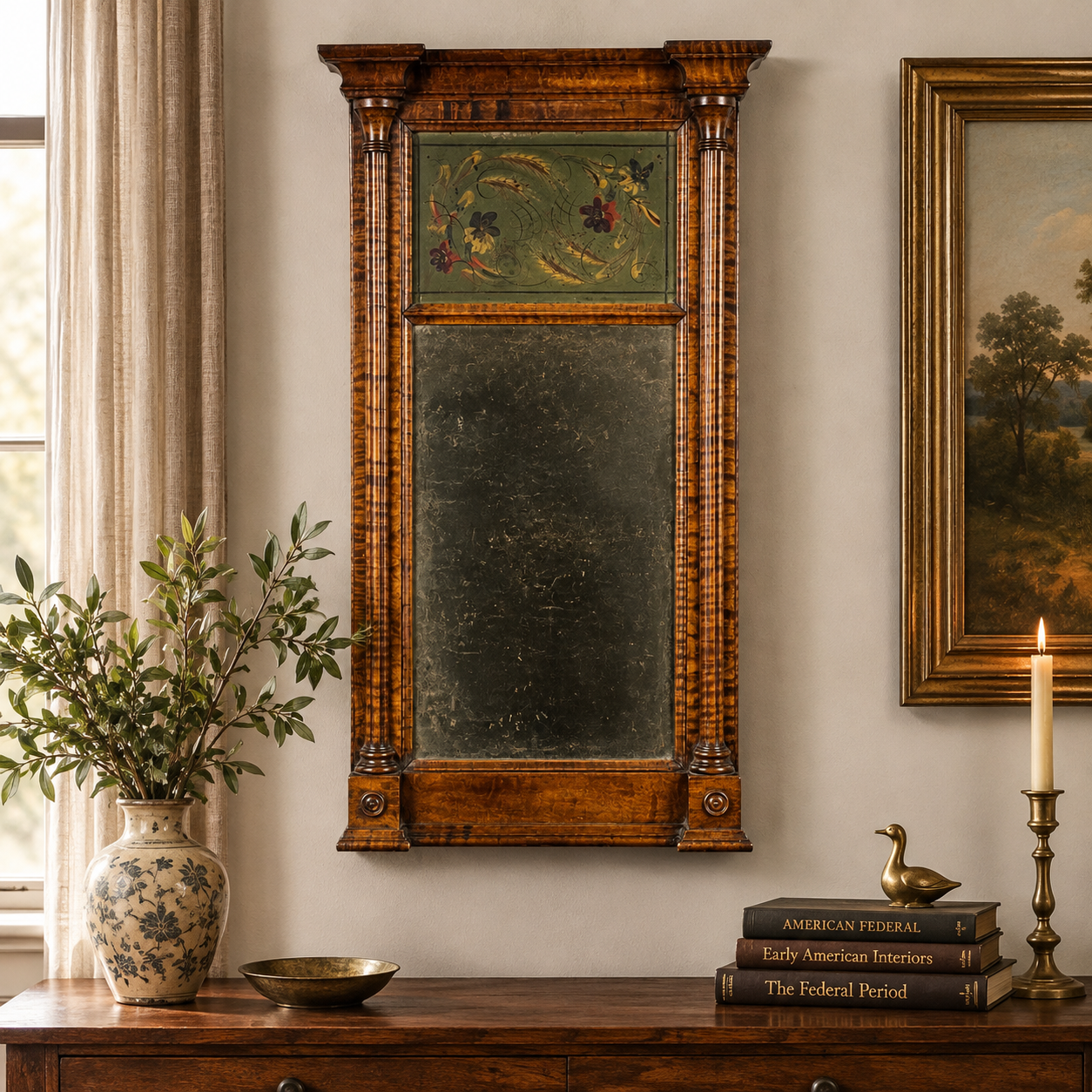 1820 Federal tiger maple two-panel mirror
