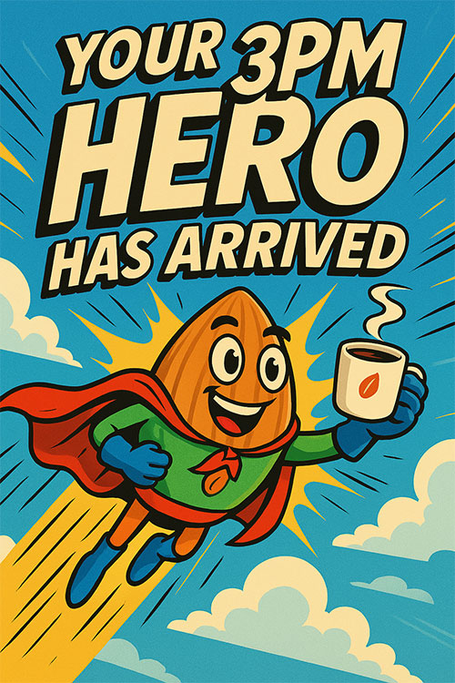 Playful comic-style illustration of a superhero almond flying with a coffee cup, representing AlmondRx as the ultimate 3PM energy-boosting snack