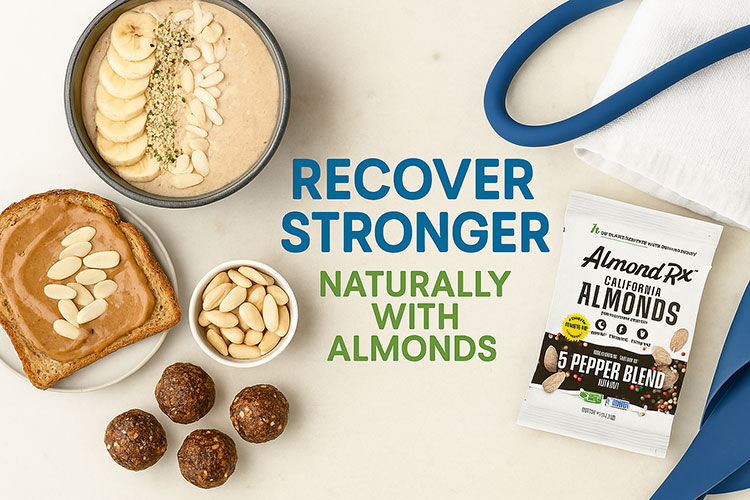 op-down view of post-workout almond snacks including almond butter toast, smoothie bowl, blanched AlmondRx almonds, and energy bites with 5 Pepper Blend pack.