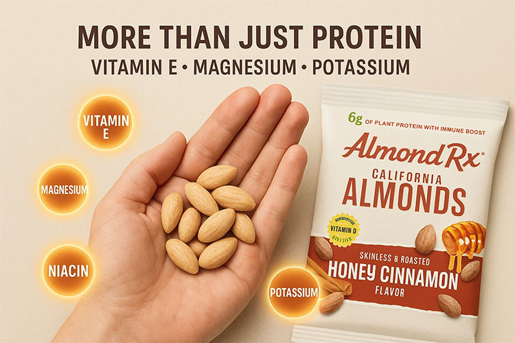 Blanched AlmondRx almonds in hand showing rich almond nutrition including Vitamin E, magnesium, and healthy nutrients.
