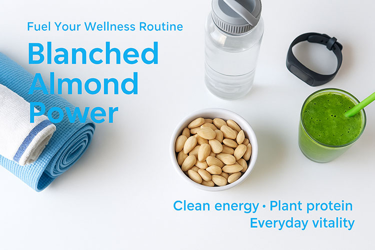 Flat lay with blanched almonds, yoga mat, smoothie, and fitness tracker — showcasing a wellness lifestyle fueled by the superfood power of almonds.