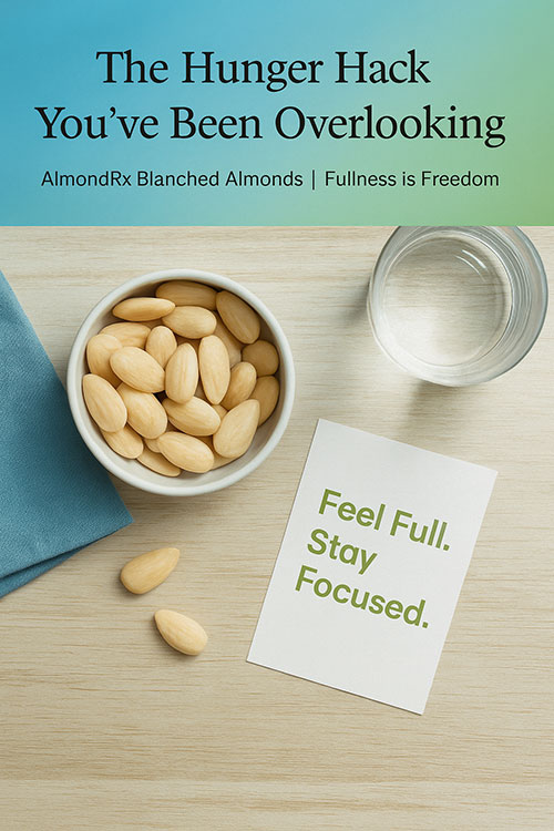 Bowl of AlmondRx blanched almonds with a glass of water and a card reading “Feel Full. Stay Focused.”—a healthy snack to curb appetite and stay energized.