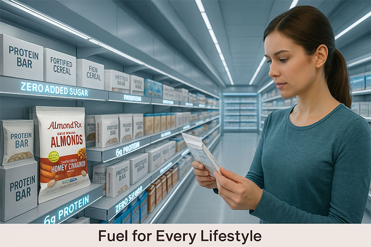 A futuristic supermarket aisle featuring AlmondRx fortified almonds alongside protein bars and functional snacks, with digital displays highlighting nutritional benefits like Vitamin D fortification, clean-label ingredients, and whole-food protein sources. 