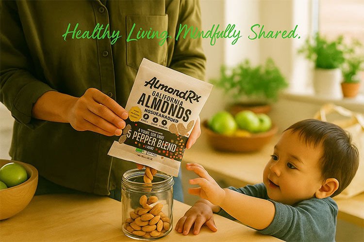 Mother sharing AlmondRx blanched almonds with toddler in a sunlit kitchen, promoting healthy and sustainable snacking for families.