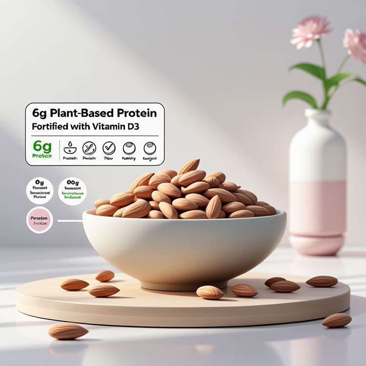 Close-up of AlmondRx almonds showcasing their nutritional benefits, including protein and Vitamin D.