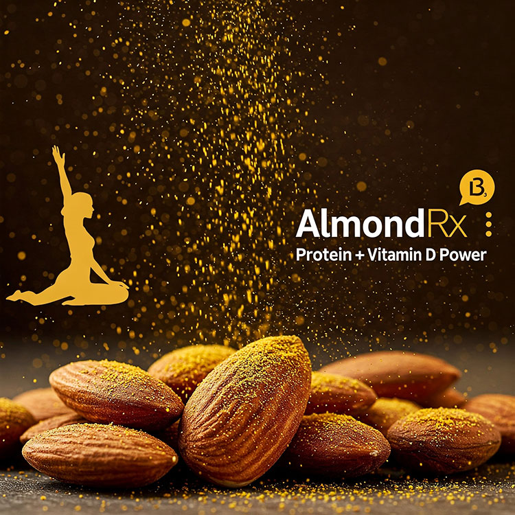 Blanched almonds with Vitamin D sprinkle. Active silhouette. "AlmondRx: Protein + Vitamin D Power."