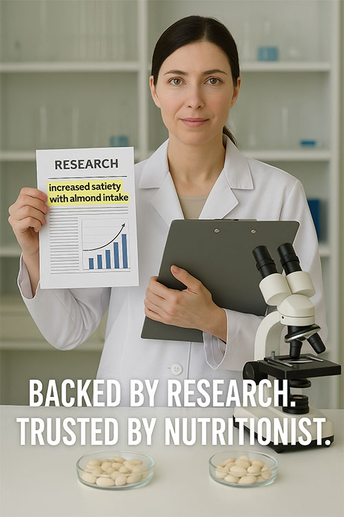 mage of a scientist holding research paper showing increased satiety with almond intake, emphasizing that AlmondRx is backed by research and trusted by nutritionists.