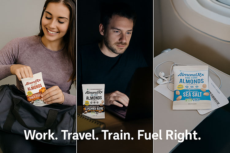Versatile use of AlmondRx almonds as healthy snacks for gym, work, and travel situations.