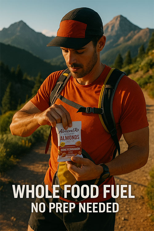 nfographic detailing the sports nutrition benefits of AlmondRx almonds: protein, Vitamin D3, and healthy fats for athletes