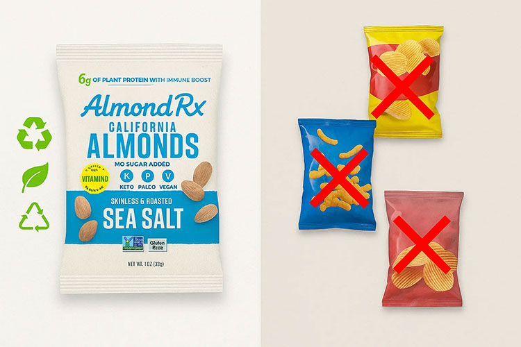 AlmondRx Sea Salt fortified almonds in eco-friendly packaging, demonstrating a sustainable snack choice over traditional processed chips.
