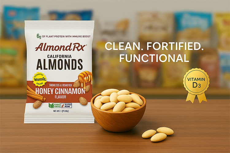 AlmondRx Honey Cinnamon fortified almonds shown with a bowl of skinless, roasted almonds on a clean wood surface, highlighting the functional benefits of Vitamin D, protein, and clean-label nutrition compared to traditional snacks.