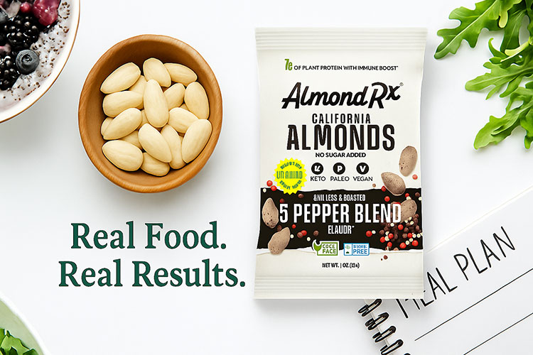 Blanched almonds in a bowl next to AlmondRx 5 Pepper Blend pouch with the text Real Food. Real Results.