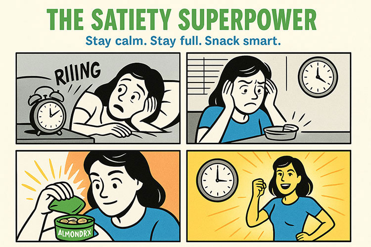 Comic-style daily routine of a woman powered by AlmondRx almonds — staying full, energized, and avoiding cravings.