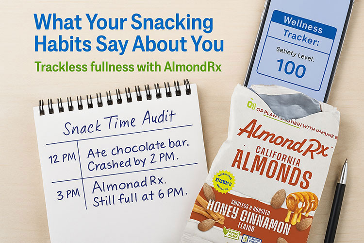 Flat-lay of a snack journal comparing sugary snacks vs. AlmondRx almonds — highlighting portion control and sustained satiety.