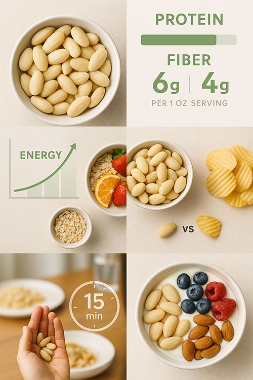 Blanched almonds in a bowl highlighting their protein and fiber benefits for appetite control.