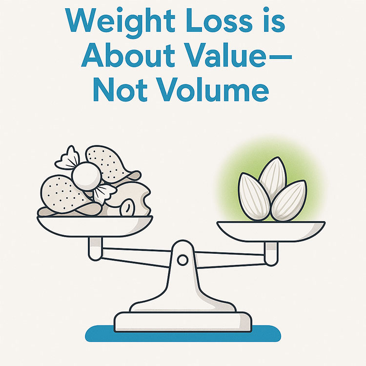 Balance scale illustration comparing processed junk food to blanched almonds, reinforcing why almonds are one of the best snacks for weight loss.