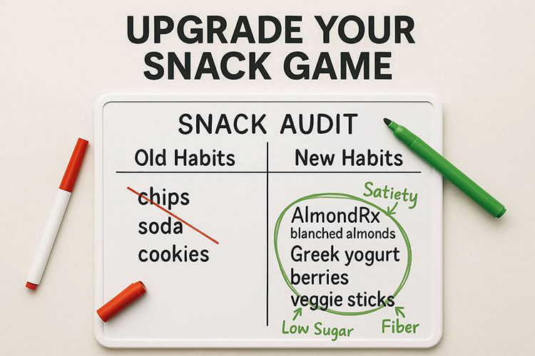 Healthy snack audit chart comparing old habits like chips and cookies with the best snacks for weight loss, including AlmondRx blanched almonds and Greek yogurt.