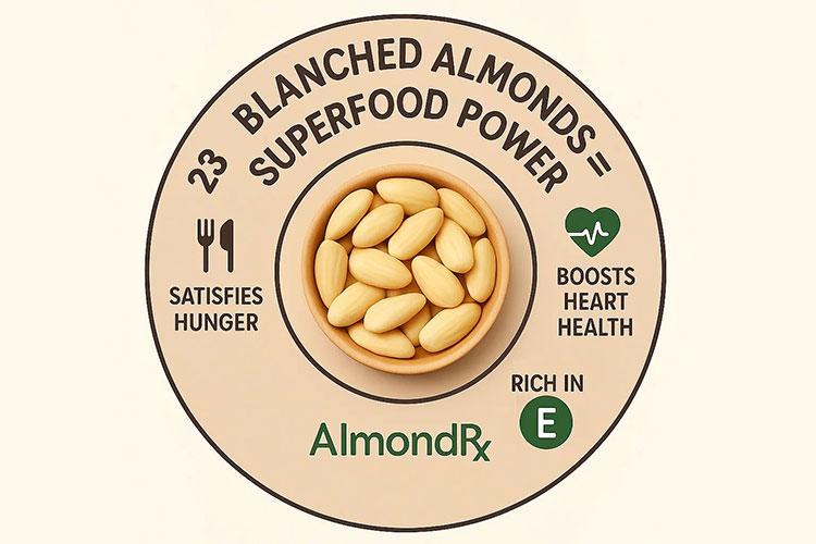 Illustration showing 23 blanched almonds in a bowl with benefits like hunger satisfaction, heart health, and rich in Vitamin E, by AlmondRx.