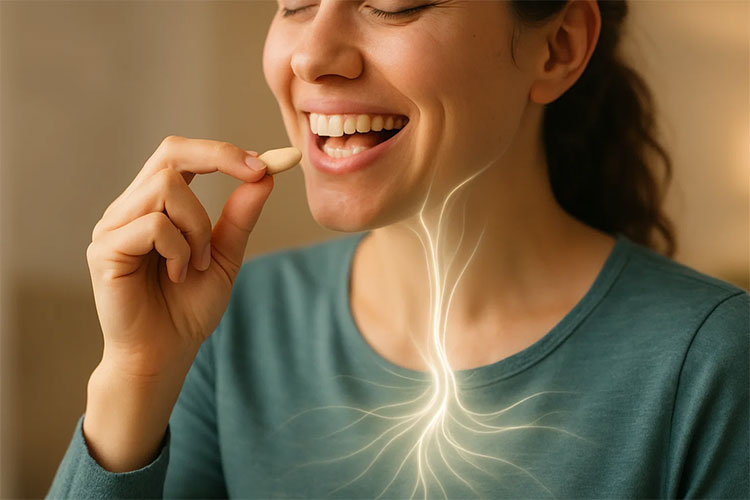 Woman mindfully chewing a blanched almond, activating hunger signals and supporting satiety through slow eating
