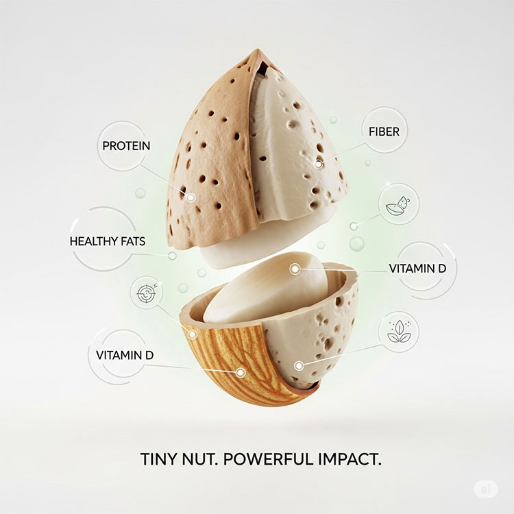 Exploded 3D illustration of a blanched almond showing its nutritional components including protein, fiber, healthy fats, and Vitamin D