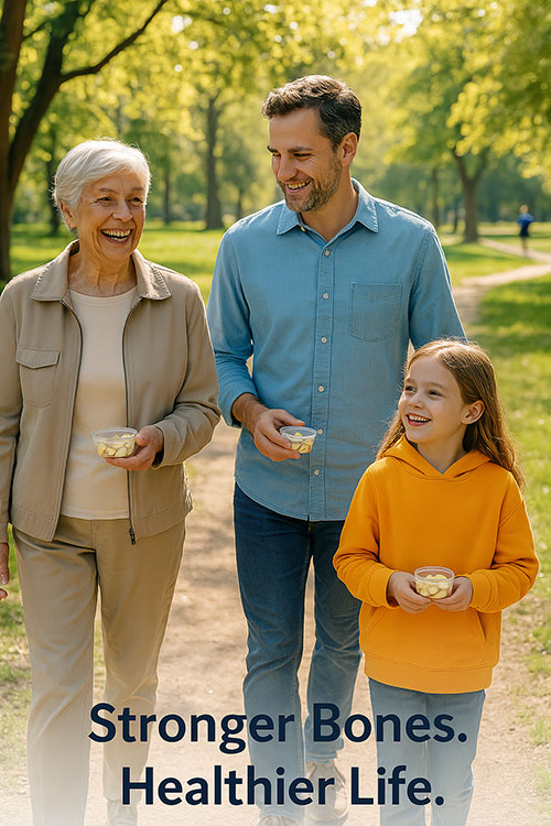 Grandparent, parent, and child walking outdoors with almond snack pack