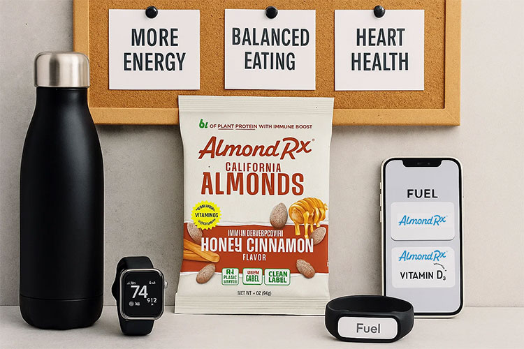 Flat-lay of blanched AlmondRx fortified almonds with Vitamin D3 and plant-based protein, surrounded by wellness items like a smartwatch, water bottle, and vision board promoting heart health and balanced eating.