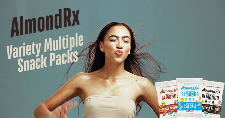 Close-up of radiant, healthy skin with a handful of AlmondRx vitamin D fortified almonds.