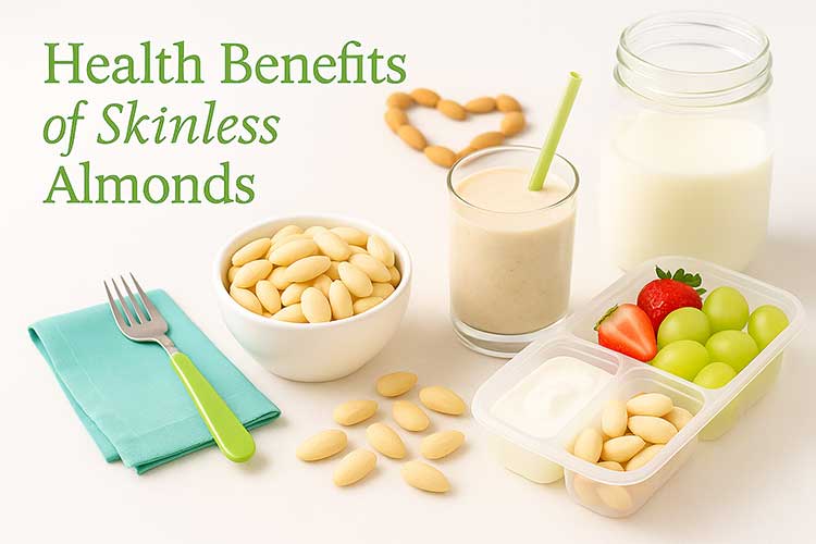 Different health benefits of skinless almonds shown with snacks, almond milk, and heart health symbols.
