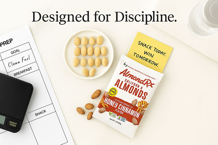 AlmondRx Honey Cinnamon almonds placed beside a meal prep sheet and sticky note that says Snack Today. Win Tomorrow. with the tagline Designed for Discipline.