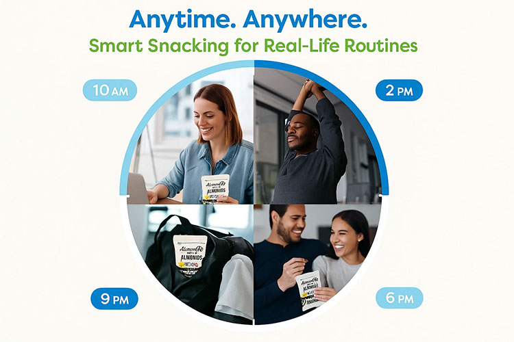Four-part lifestyle image showing people snacking on AlmondRx almonds throughout the day — morning, afternoon, workout, and evening — illustrating how high satiety snacks fit into real-life healthy routines.