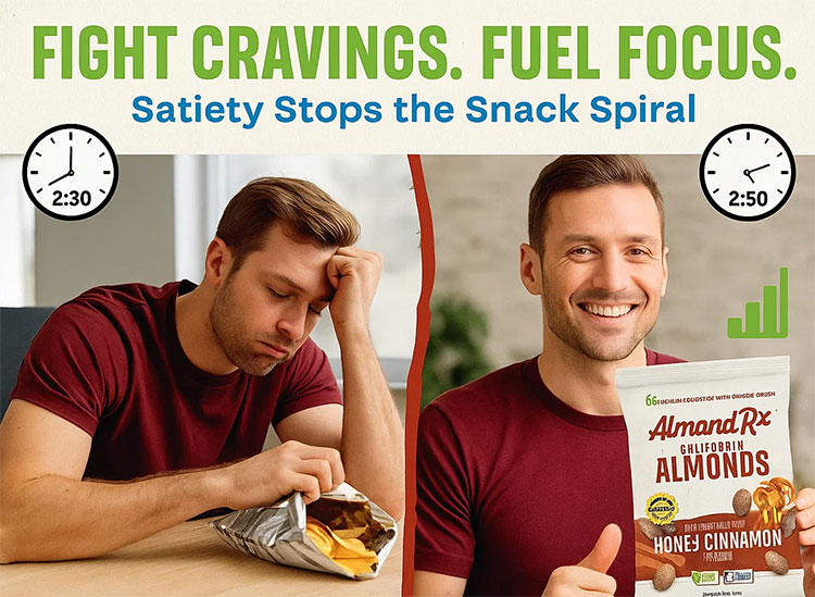 Before-and-after image showing a man tired and craving snacks versus energized after eating AlmondRx blanched almonds — highlighting how high satiety snacks support sustained energy and weight control.