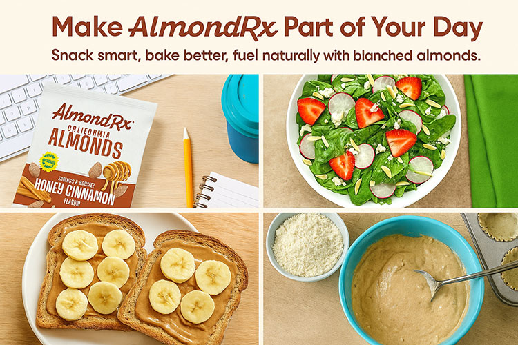 Four-panel collage showing blanched AlmondRx almonds in daily use — on toast with bananas, in salad, as almond flour, and almond batter in a mixing bowl.