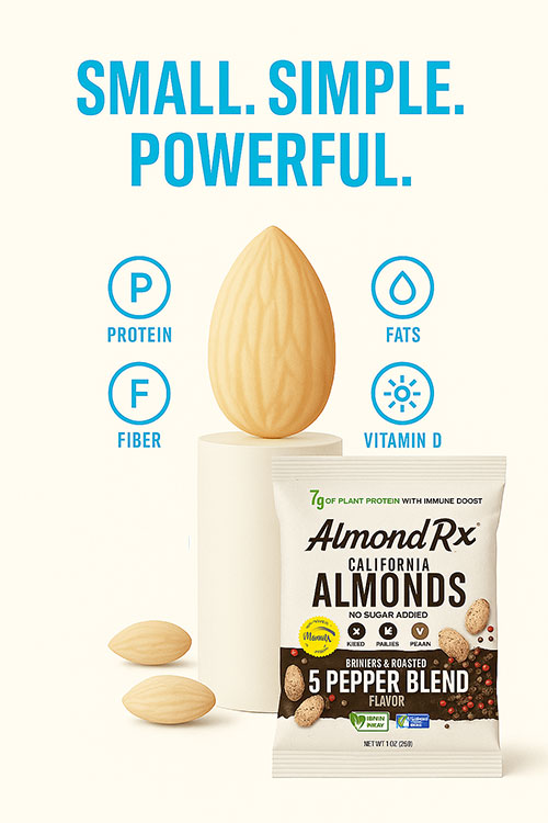 Blanched almond with callouts for protein, fiber, fats, and vitamin D — ideal nutrients for intermittent fasting snacks.