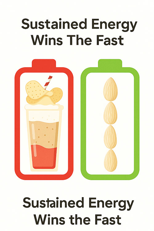 Intermittent fasting snacks comparison showing junk food draining energy vs blanched almonds providing sustained fuel.