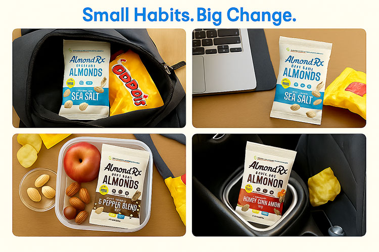 AlmondRx almonds as healthy snack replacement in daily routine