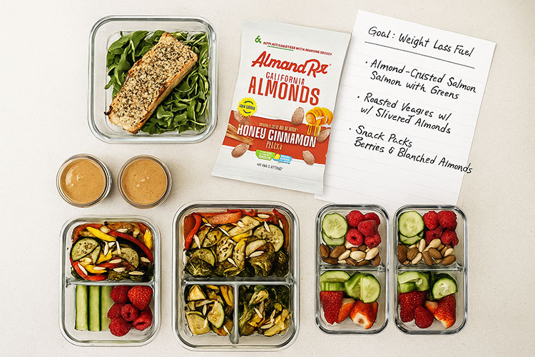 Top-down photo of meal prep containers featuring blanched AlmondRx almonds in almond-crusted salmon, roasted vegetables, and clean snack boxes.