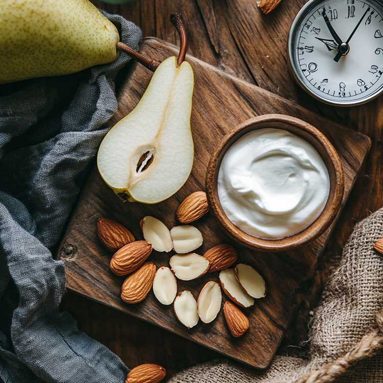Flat lay of blanched almonds, half a pear, Greek yogurt, and a clock at 3 PM, illustrating a smart snack for satiety science supporting weight management with almonds for diet.