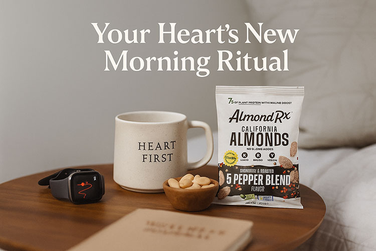 Morning wellness scene featuring blanched AlmondRx almonds, a heart-monitor watch, and healthy lifestyle elements promoting cholesterol-friendly snacks.