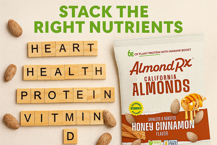 Scrabble-style wellness keywords with blanched AlmondRx almonds highlighting plant-based protein and vitamin D for heart wellness.