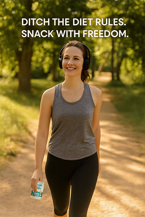 Woman prepping for a hike with a pouch of blanched AlmondRx almonds — a real-life example of weight support and plant-based balanced eating.