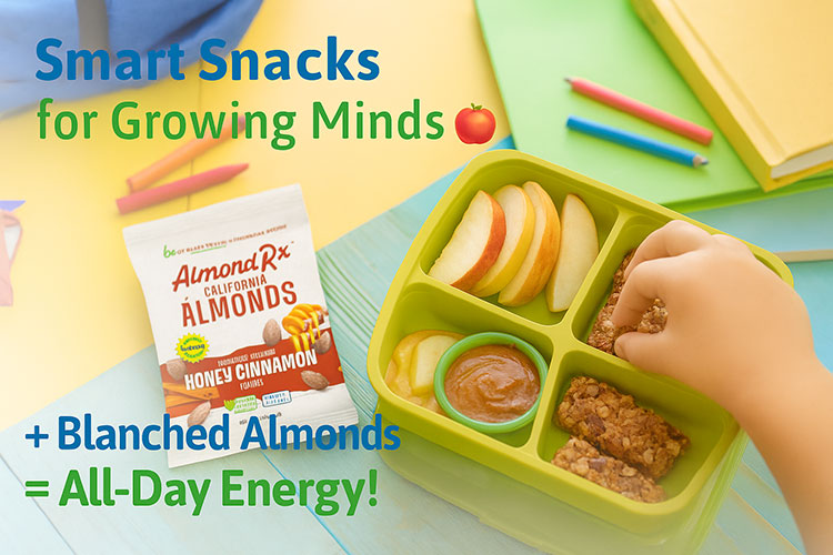 Hand reaching into a colorful lunchbox filled with granola bars, apple slices, and blanched almonds next to AlmondRx Honey Cinnamon almonds pack.