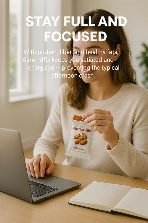 Woman enjoying AlmondRx almonds at her desk to stay full and focused during the afternoon, healthy snack for energy and productivity