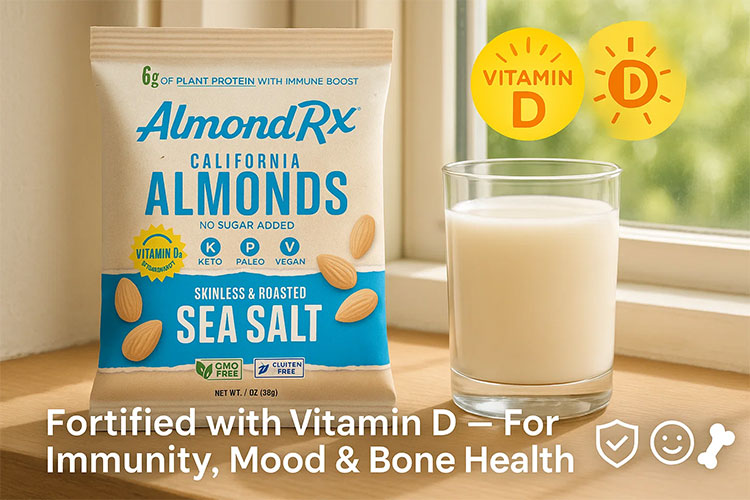 AlmondRx almonds with Vitamin D fortification placed in sunlight, supporting bone, mood, and immune health.