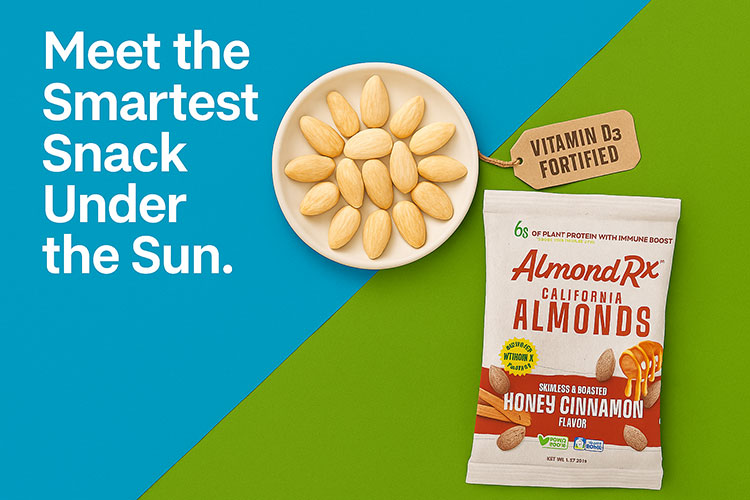 Bowl of blanched AlmondRx almonds arranged like a sun for vitamin D.