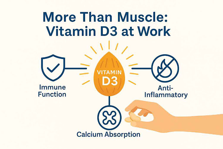 Vitamin D3 benefits: This image shows how Vitamin D3 contributes to immune function, reduces inflammation, and aids in calcium absorption. Almonds, a source of this vitamin, are featured.