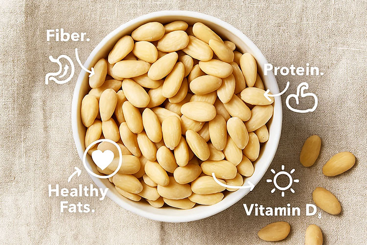 Infographic over a bowl of AlmondRx almonds showing high satiety nutrients like fiber, protein, and vitamin D.