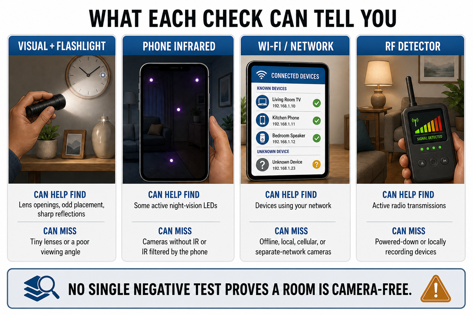 hidden camera search checklist showing what each technique can and can't reveal