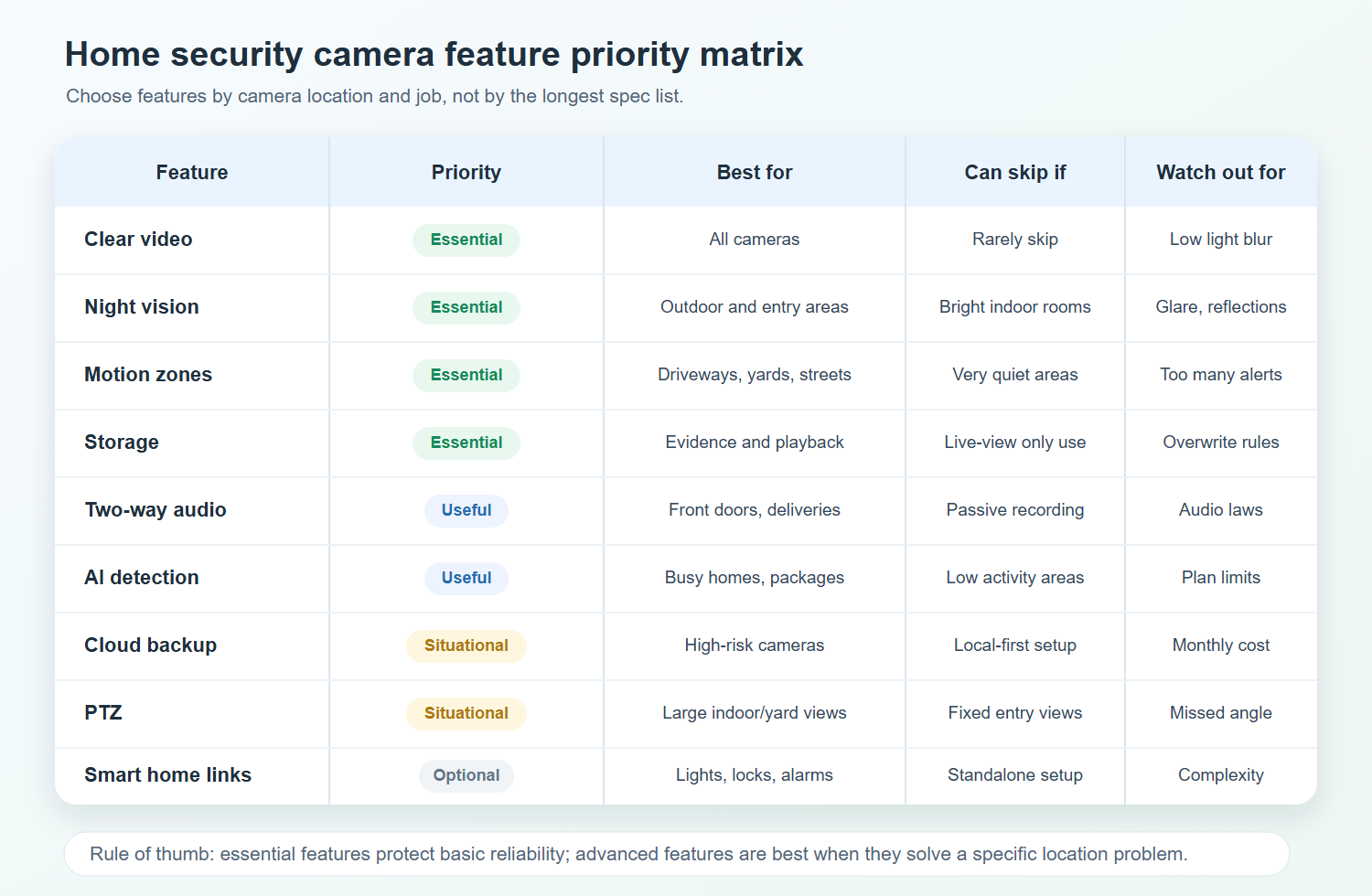 home security camera features matrix showing essential and non essential features
