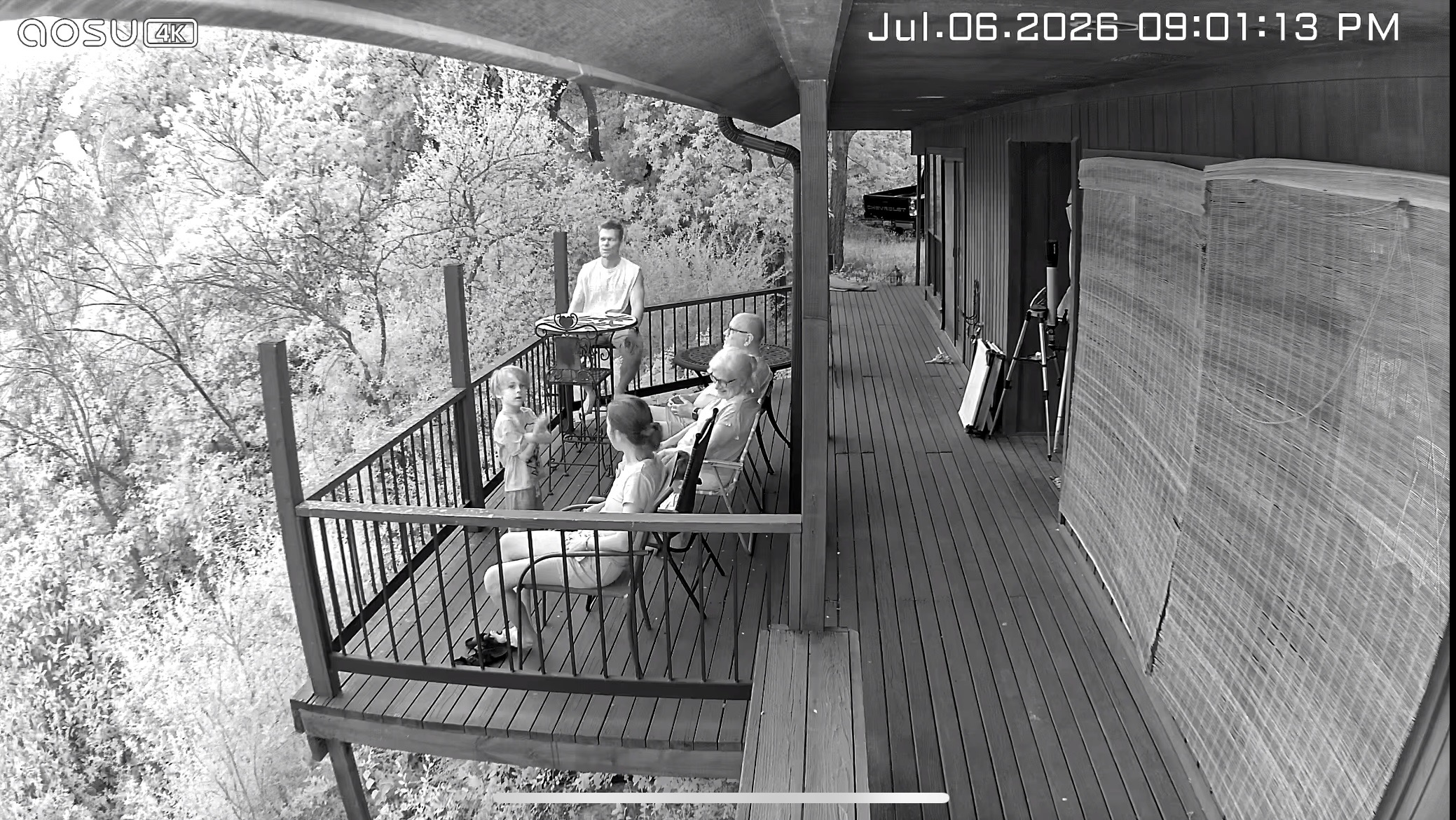 black and white infrared security camera view in low ambient night time light